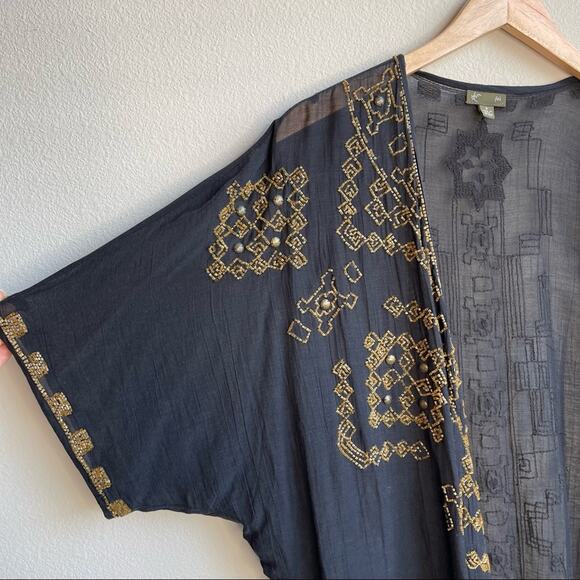 Anthropologie Fei Black Gold Beaded Open Cardigan Duster - Picture 3 of 13
